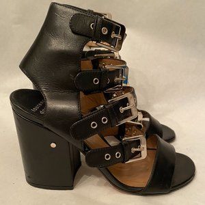 Laurence Dacade Black Strappy Stacked Heel Shoes, Sz 37.5